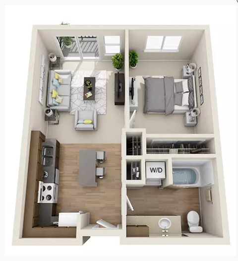 Floor plan for 1 bed, 1 bath, 614 sqft
